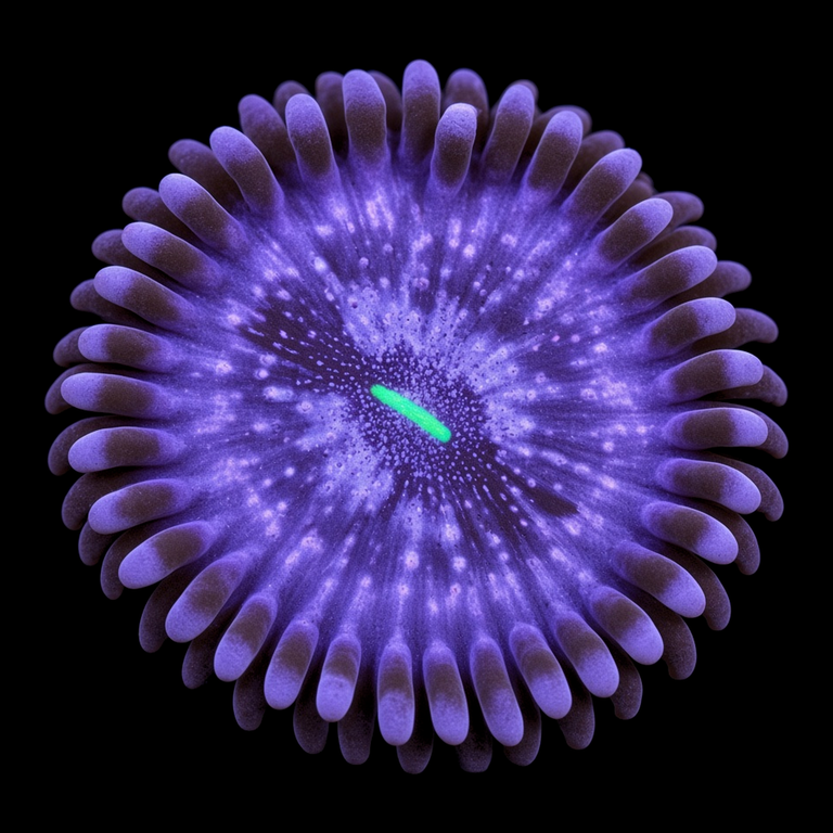 Avalanche People Eater Zoanthid (Zoanthus sp.) polyp on black, top-down view