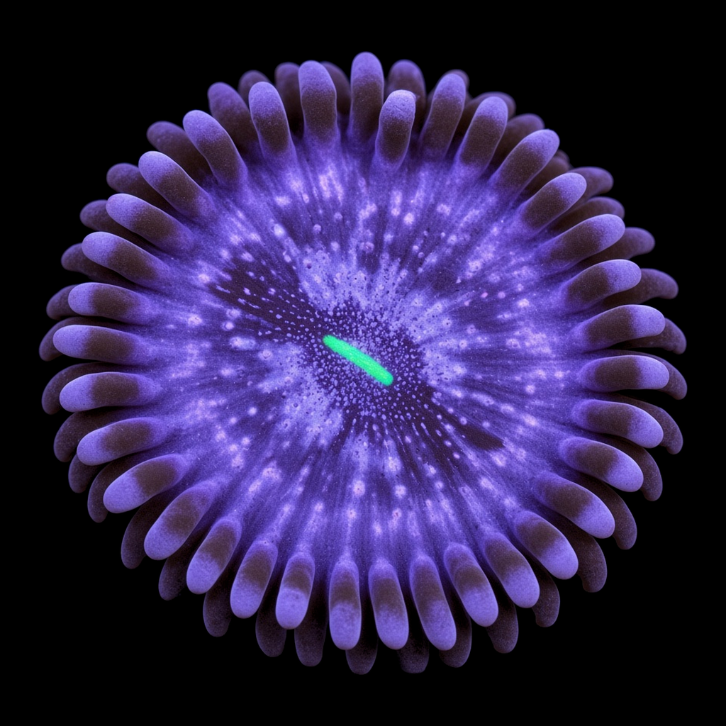 Avalanche People Eater Zoanthid (Zoanthus sp.) Avalanche People Eater Zoanthid (Zoanthus sp.) polyp on black, top-down view