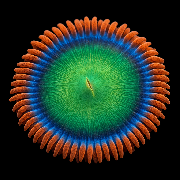 Blue Boo Berries Zoanthid (Zoanthus sp.) polyp on black, top-down view