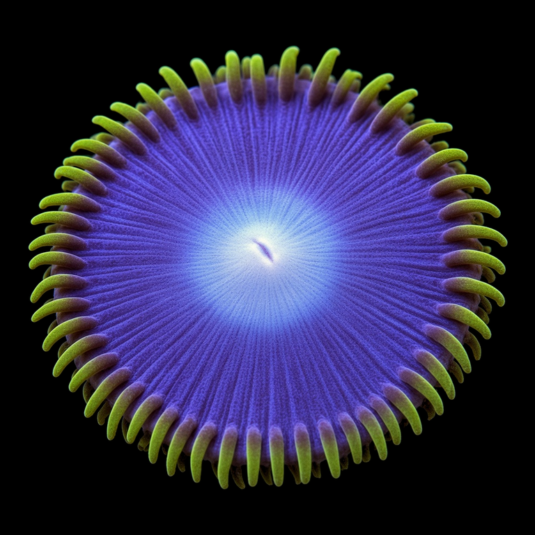 Blue Hole Sun Zoanthid (Zoanthus sp.) polyp on black, top-down view