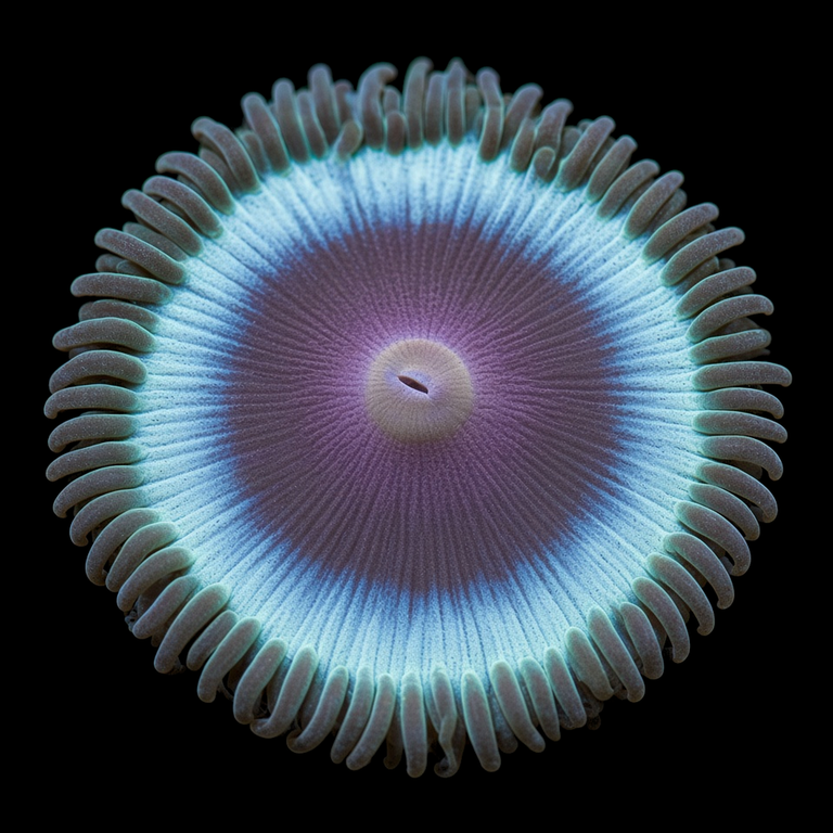 Blue Kiss Zoanthid (Zoanthus sp.) polyp on black, top-down view