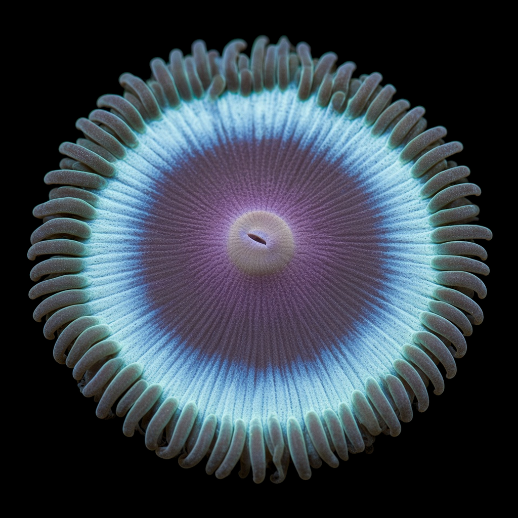 Blue Kiss Zoanthid (Zoanthus sp.) Blue Kiss Zoanthid (Zoanthus sp.) polyp on black, top-down view