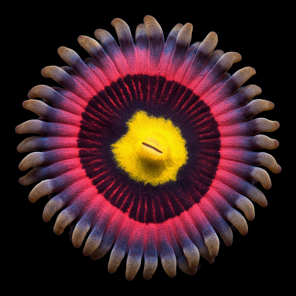 Bubblicious Zoanthid (Zoanthus sp.) Bubblicious Zoanthid (Zoanthus sp.) polyp on black, top-down view