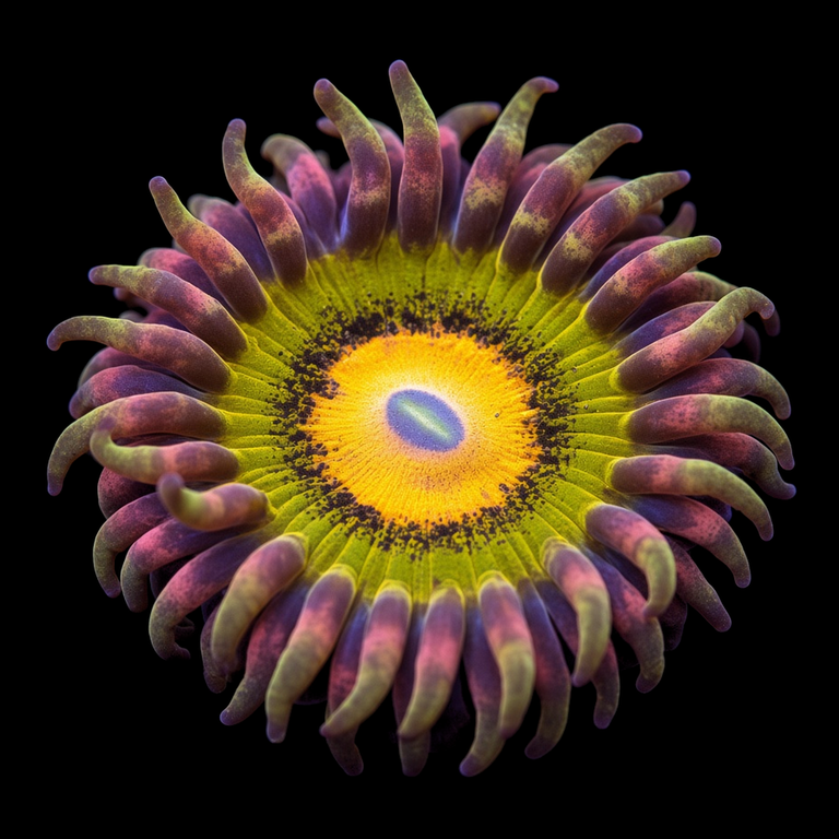 Butt Kisser Zoanthid (Zoanthus sp.) polyp on black, top-down view