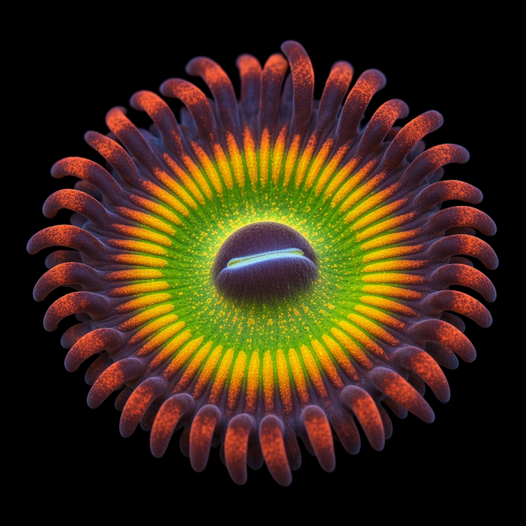 CB Bowser Zoanthid (Zoanthus sp.) polyp on black, top-down view