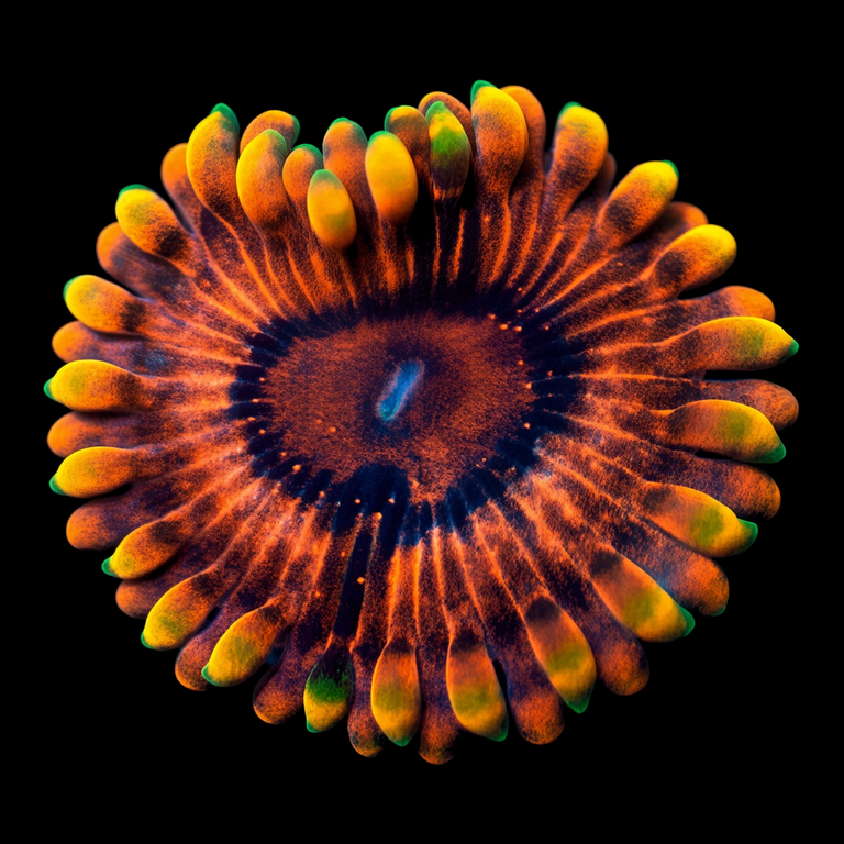 CB El Corazon Zoanthid (Zoanthus sp.) polyp on black, top-down view