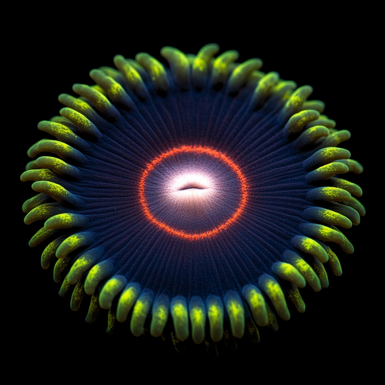 CB King Jawbreaker Hornets Zoanthid (Zoanthus sp.) polyp on black, top-down view