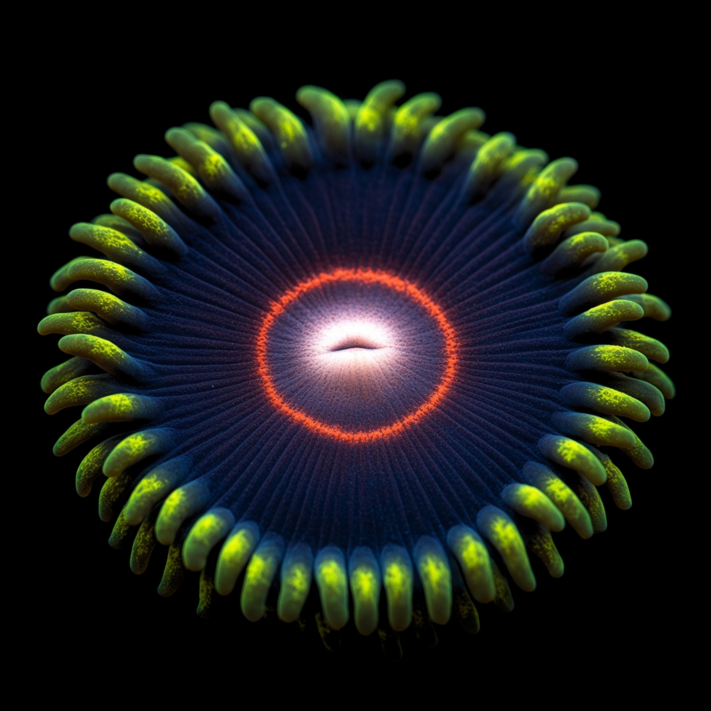 CB King Jawbreaker Hornets Zoanthid (Zoanthus sp.) polyp on black, top-down view