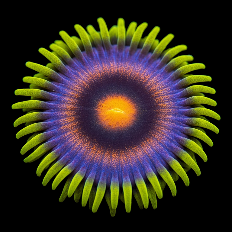 CB Mad Raver Zoanthid (Zoanthus sp.) polyp on black, top-down view