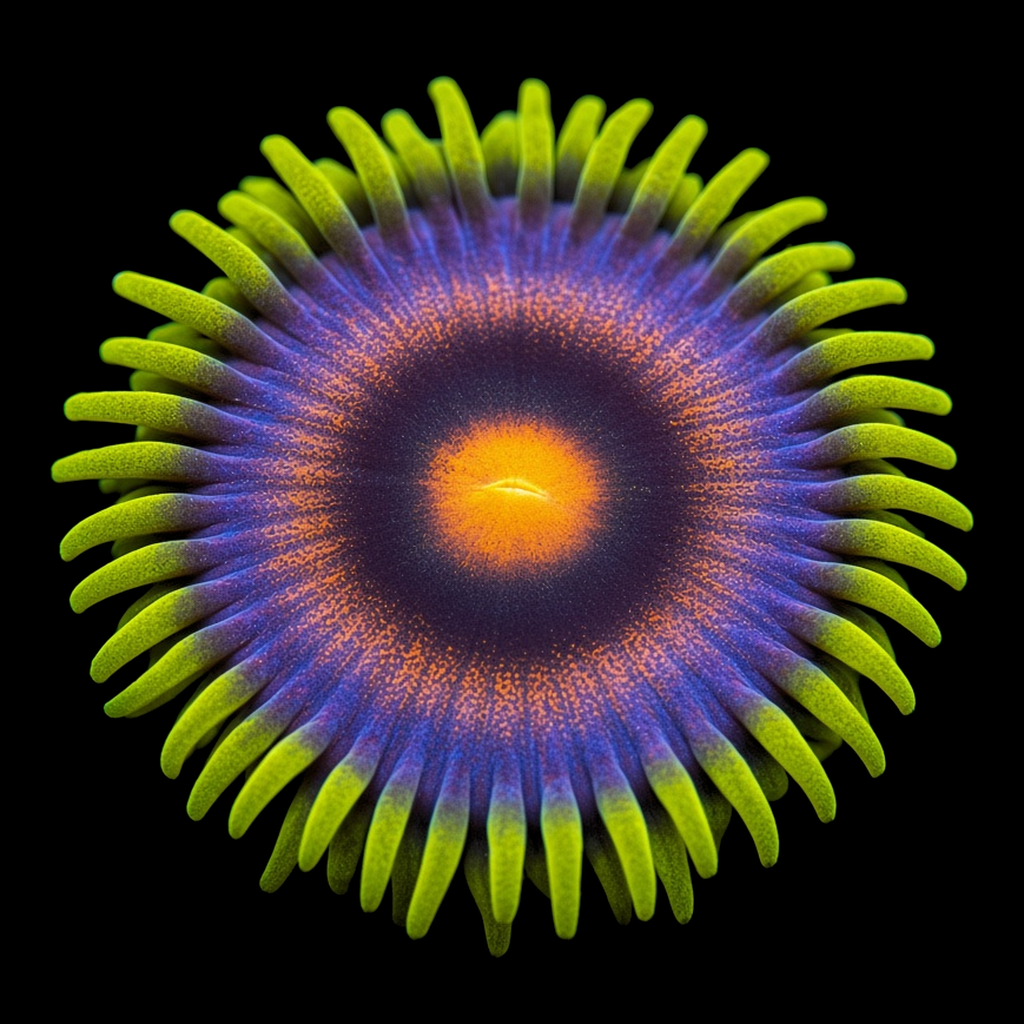 CB Mad Raver Zoanthid (Zoanthus sp.) polyp on black, top-down view