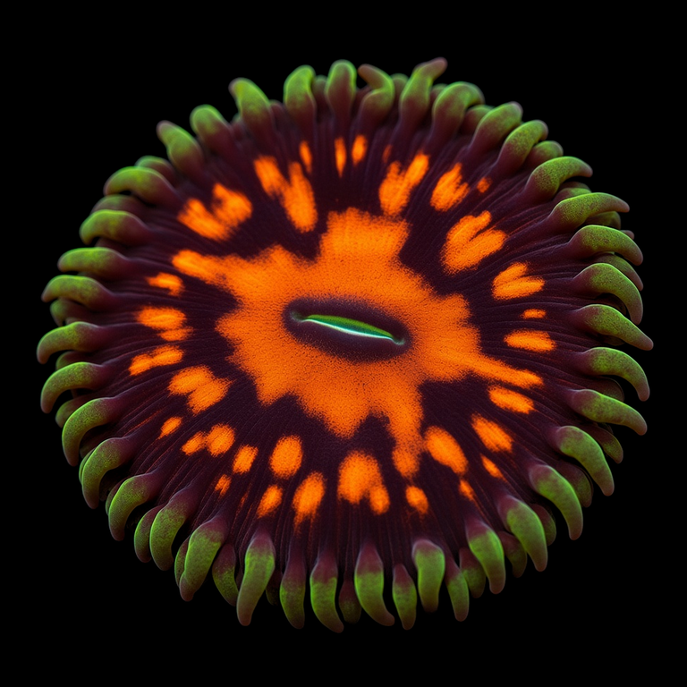 CC Flaming Brohican Zoanthid (Zoanthus sp.) polyp on black, top-down view