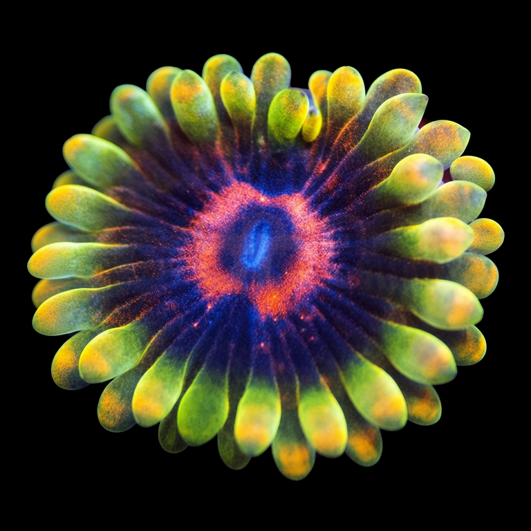 CC Mind Trick Zoanthid (Zoanthus sp.) polyp on black, top-down view