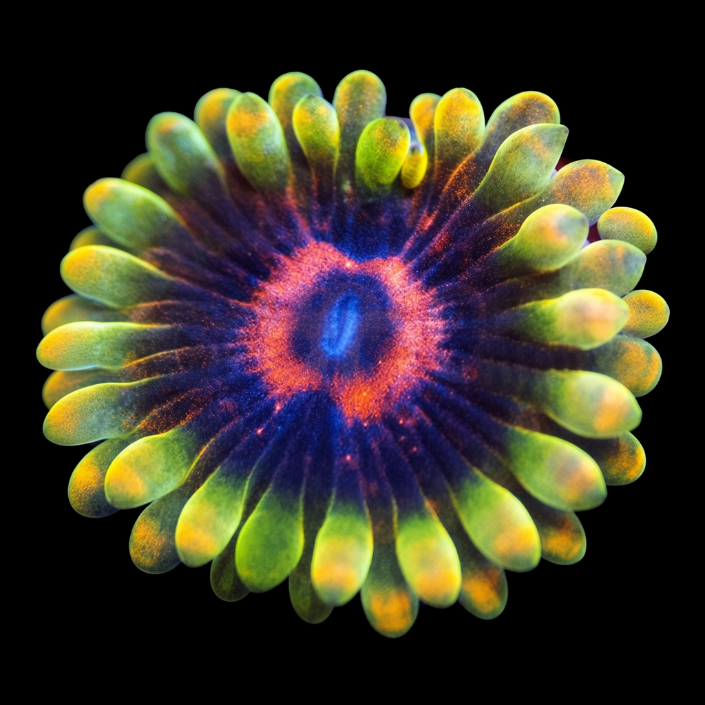 CC Mind Trick Zoanthid (Zoanthus sp.) CC Mind Trick Zoanthid (Zoanthus sp.) polyp on black, top-down view