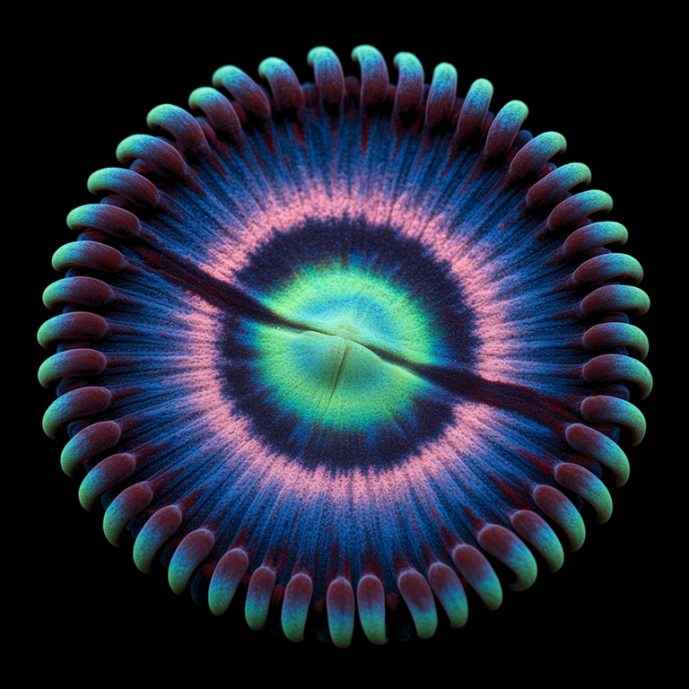 CC Pink Constellation Zoanthid (Zoanthus sp.) polyp on black, top-down view