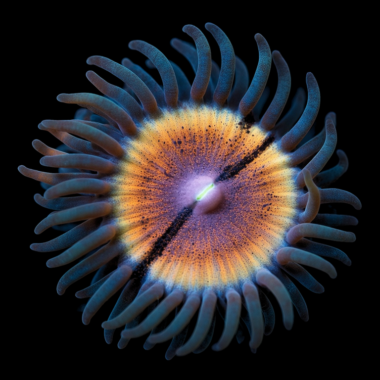 Charming Charlie Zoanthid (Zoanthus sp.) polyp on black, top-down view