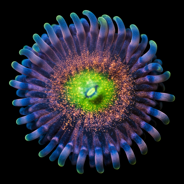 Chong Bong Zoanthid (Zoanthus sp.) polyp on black, top-down view