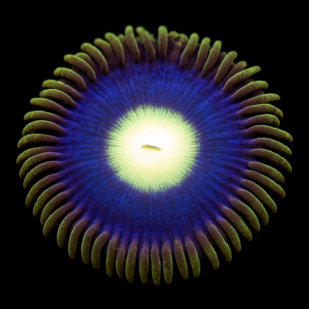 Cobalt Zoanthid (Zoanthus sp.) Cobalt Zoanthid (Zoanthus sp.) polyp on black, top-down view
