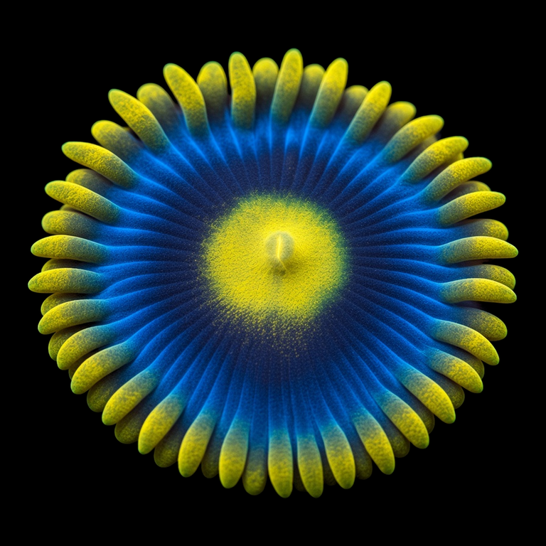 Corona Zoanthid (Zoanthus sp.) polyp on black, top-down view