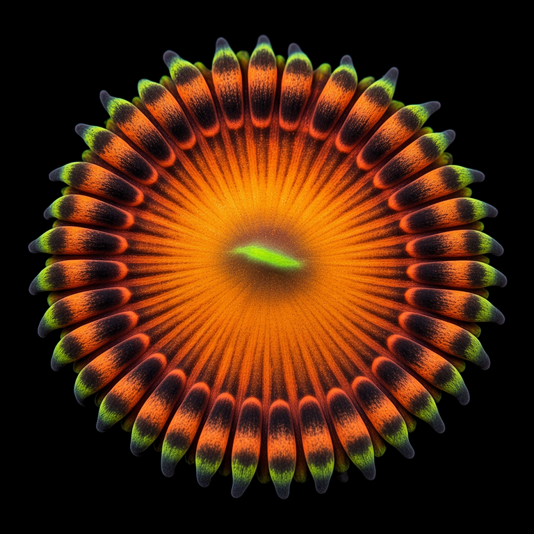 Crazy Cakes Zoanthid (Zoanthus sp.) polyp on black, top-down view