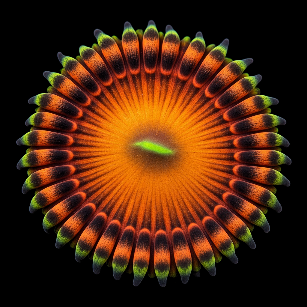 Crazy Cakes Zoanthid (Zoanthus sp.) Crazy Cakes Zoanthid (Zoanthus sp.) polyp on black, top-down view