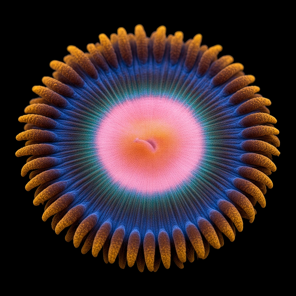 Cromulent Zoanthid (Zoanthus sp.) Cromulent Zoanthid (Zoanthus sp.) polyp on black, top-down view