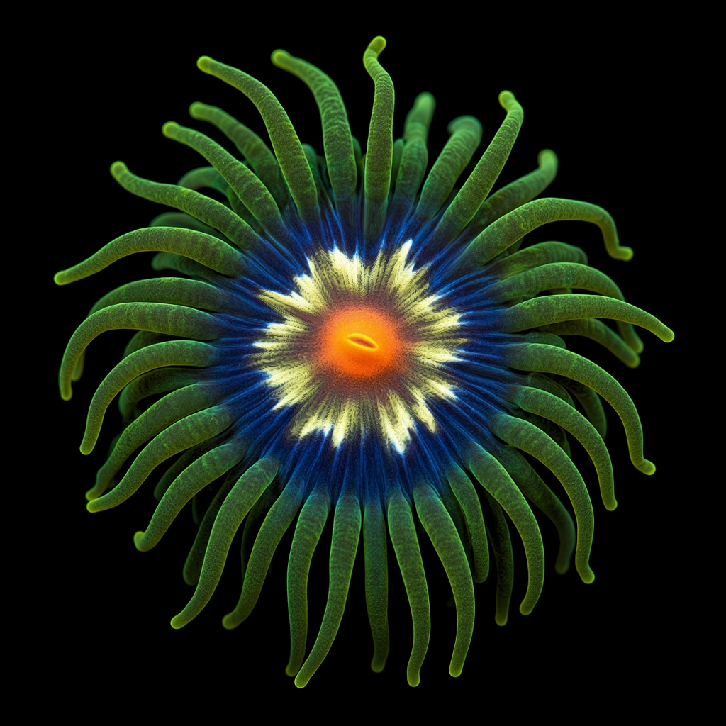 Daisy Cutter Zoanthid (Zoanthus sp.) Daisy Cutter Zoanthid (Zoanthus sp.) polyp on black, top-down view