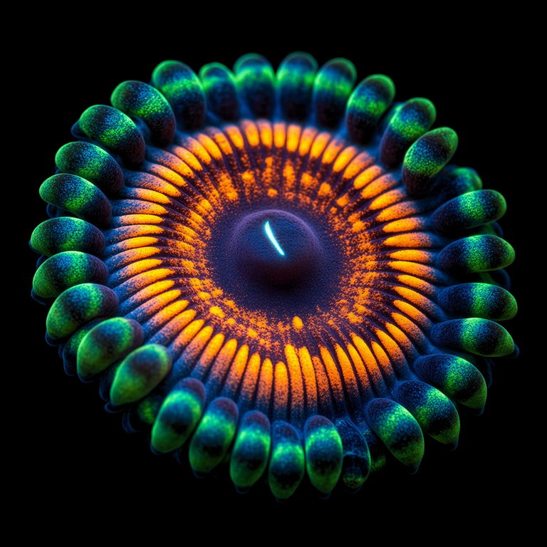 Devils Armor Zoanthid (Zoanthus sp.) polyp on black, top-down view