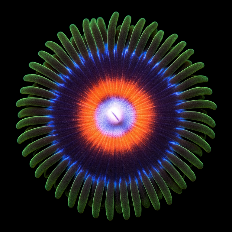 Double Decker Zoanthid (Zoanthus sp.) polyp on black, top-down view