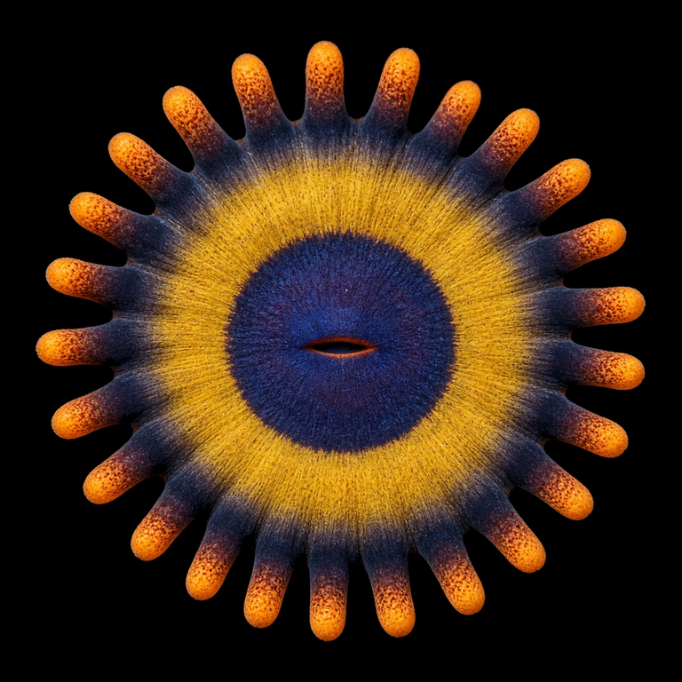 Fruit Loops Zoanthid (Zoanthus sp.) polyp on black, top-down view