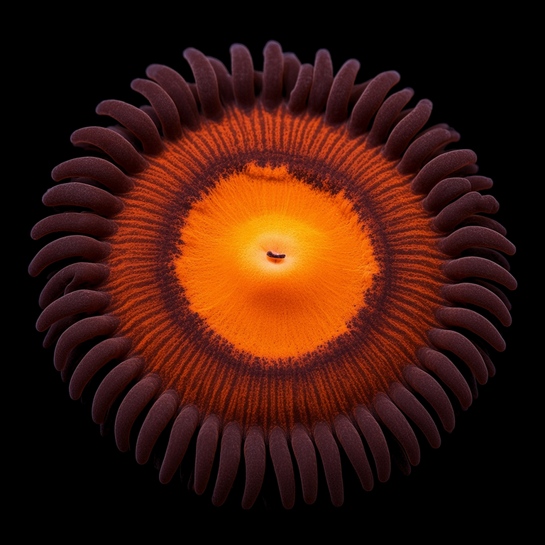 Hot Tamales Zoanthid (Zoanthus sp.) polyp on black, top-down view