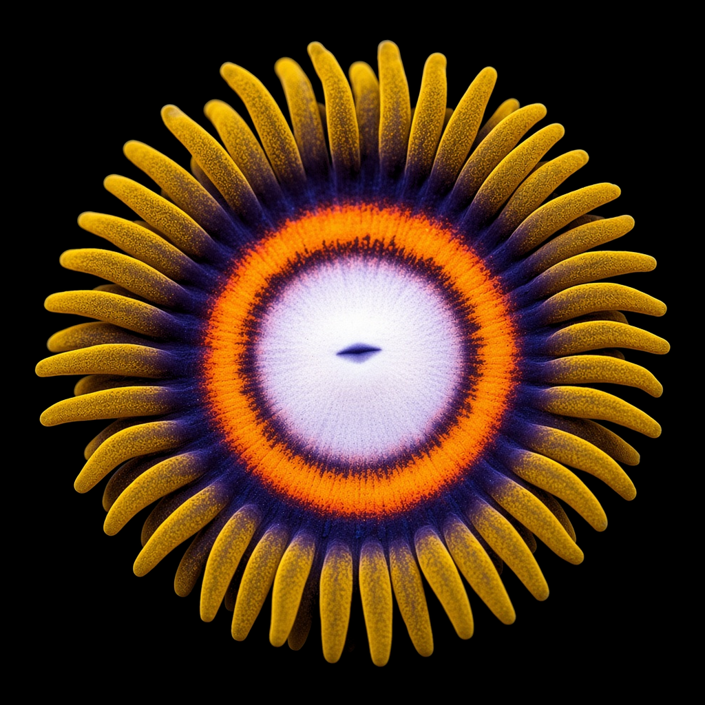 Ice Breaker Zoanthid (Zoanthus sp.) Ice Breaker Zoanthid (Zoanthus sp.) polyp on black, top-down view