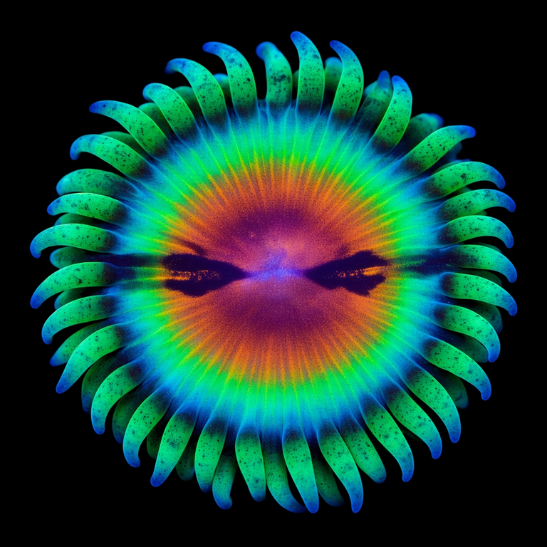JF Bloodshot Zoanthid (Zoanthus sp.) polyp on black, top-down view
