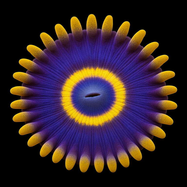 Purple Hornet Zoanthid (Zoanthus sp.) polyp on black, top-down view