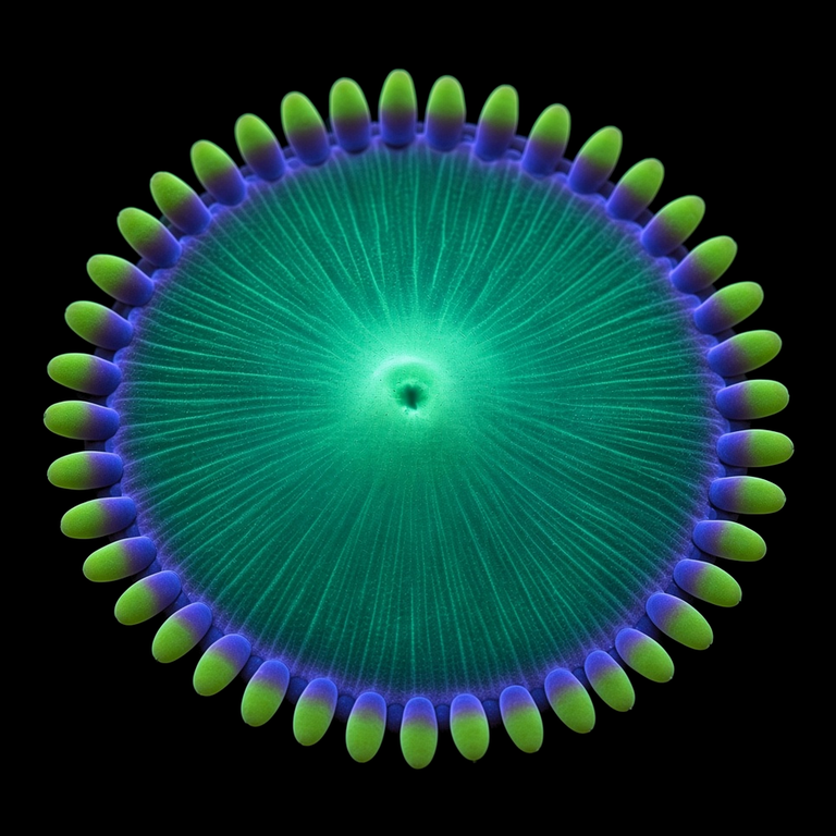 Radioactive Dragon Eye Zoanthid (Zoanthus sp.) polyp on black, top-down view
