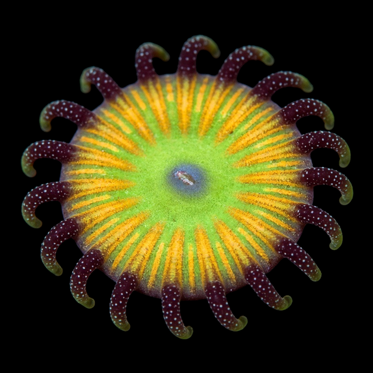 Sunny D Zoanthid (Zoanthus sp.) polyp on black, top-down view
