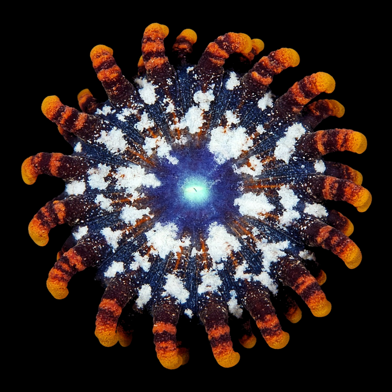 Utter Chaos Zoanthid (Zoanthus sp.) polyp on black, top-down view